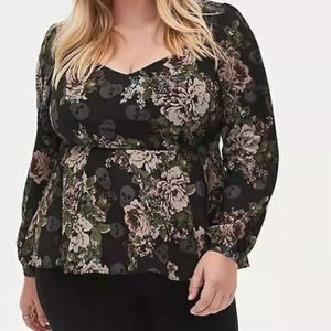 Torrid Floral Skull Crepe Long Sleeve Peplum Blouse Top